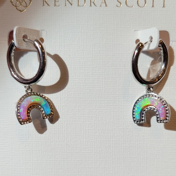 NWT Kendra Scott Rainbow Kyocera Opal Huggie Earrings in Silver Pastel - Picture 2 of 10